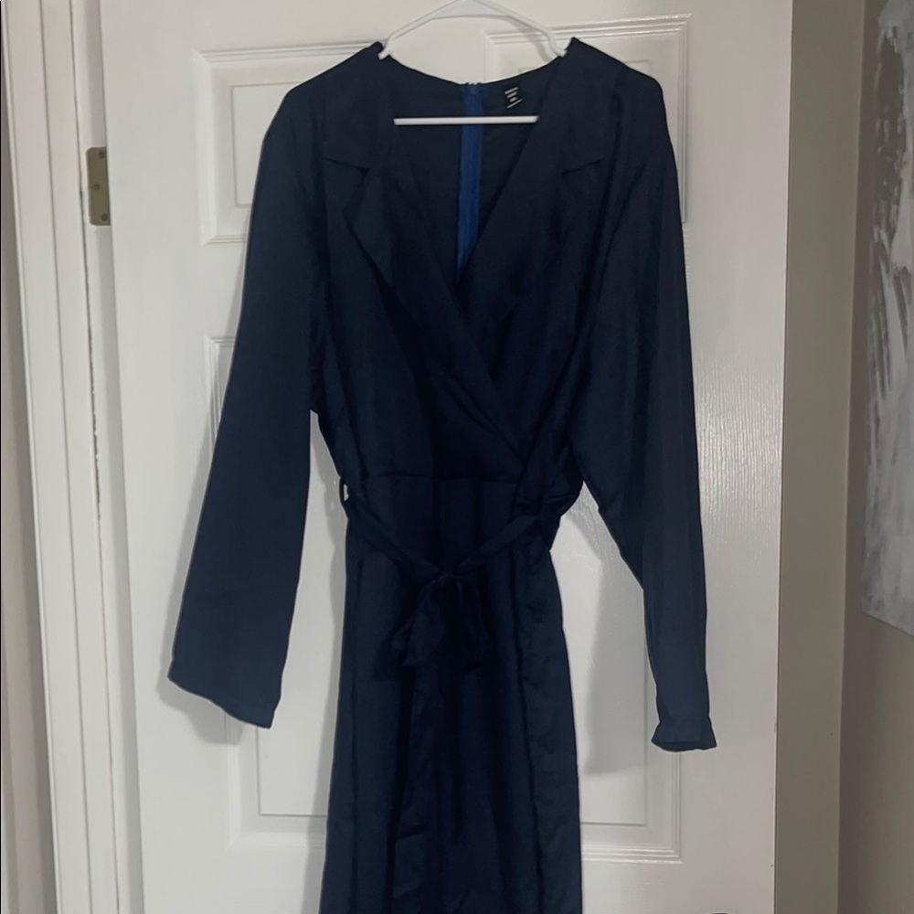 SHEIN Blue V-Neck Wrap Pant suit Long Sleeve
